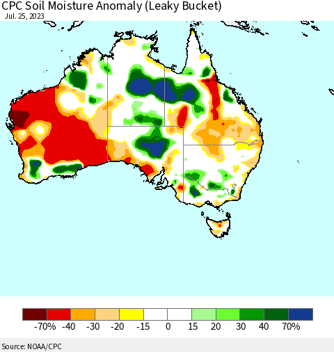 Australia CPC Soil Moisture Anomaly (Leaky Bucket) Thematic Map For 7/21/2023 - 7/25/2023