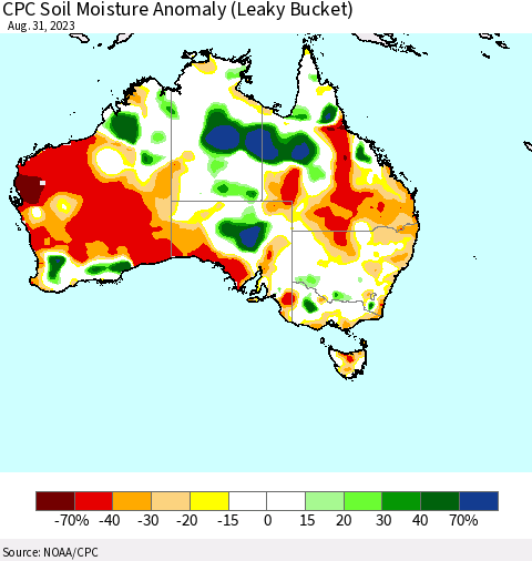 Australia CPC Soil Moisture Anomaly (Leaky Bucket) Thematic Map For 8/26/2023 - 8/31/2023