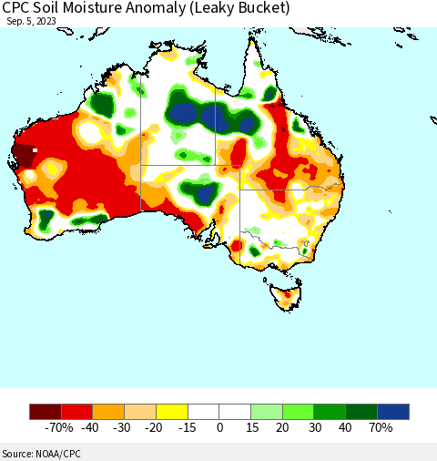 Australia CPC Soil Moisture Anomaly (Leaky Bucket) Thematic Map For 9/1/2023 - 9/5/2023