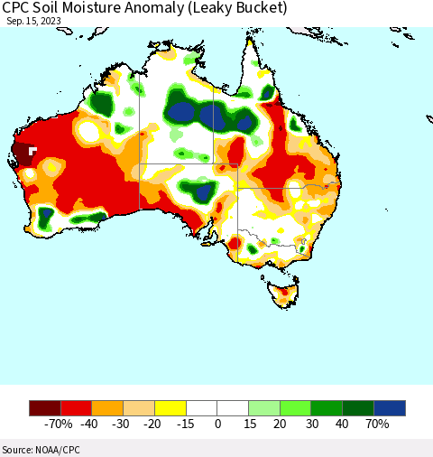 Australia CPC Soil Moisture Anomaly (Leaky Bucket) Thematic Map For 9/11/2023 - 9/15/2023