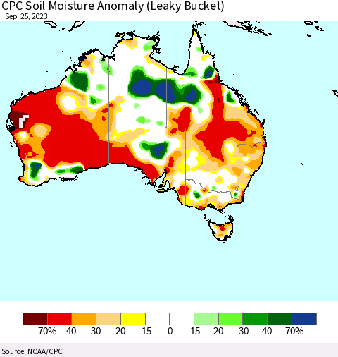 Australia CPC Soil Moisture Anomaly (Leaky Bucket) Thematic Map For 9/21/2023 - 9/25/2023