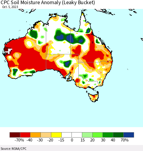 Australia CPC Soil Moisture Anomaly (Leaky Bucket) Thematic Map For 10/1/2023 - 10/5/2023