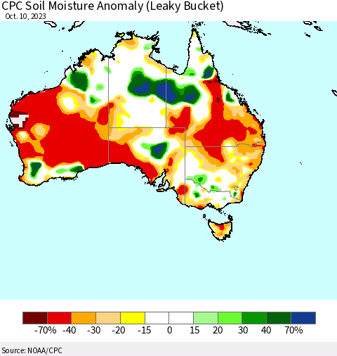 Australia CPC Soil Moisture Anomaly (Leaky Bucket) Thematic Map For 10/6/2023 - 10/10/2023