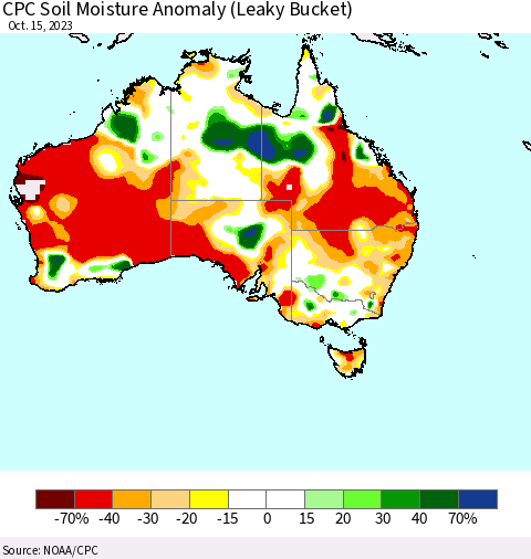 Australia CPC Soil Moisture Anomaly (Leaky Bucket) Thematic Map For 10/11/2023 - 10/15/2023