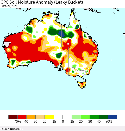 Australia CPC Soil Moisture Anomaly (Leaky Bucket) Thematic Map For 10/16/2023 - 10/20/2023