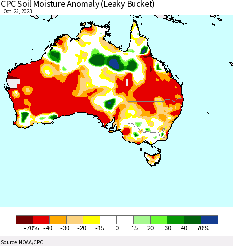 Australia CPC Soil Moisture Anomaly (Leaky Bucket) Thematic Map For 10/21/2023 - 10/25/2023