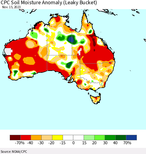 Australia CPC Soil Moisture Anomaly (Leaky Bucket) Thematic Map For 11/11/2023 - 11/15/2023
