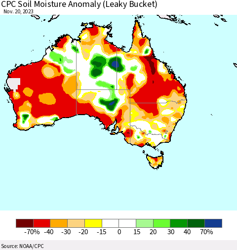 Australia CPC Soil Moisture Anomaly (Leaky Bucket) Thematic Map For 11/16/2023 - 11/20/2023