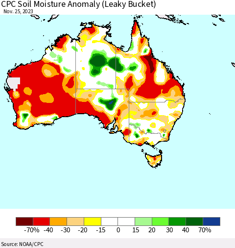 Australia CPC Soil Moisture Anomaly (Leaky Bucket) Thematic Map For 11/21/2023 - 11/25/2023