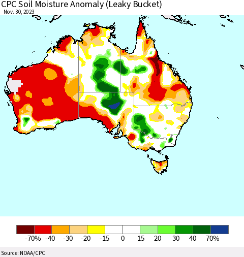 Australia CPC Soil Moisture Anomaly (Leaky Bucket) Thematic Map For 11/26/2023 - 11/30/2023