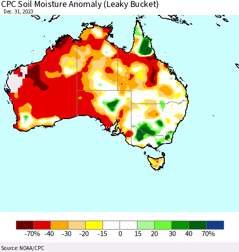 Australia CPC Soil Moisture Anomaly (Leaky Bucket) Thematic Map For 12/26/2023 - 12/31/2023