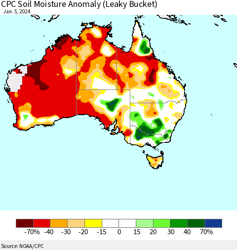 Australia CPC Soil Moisture Anomaly (Leaky Bucket) Thematic Map For 1/1/2024 - 1/5/2024