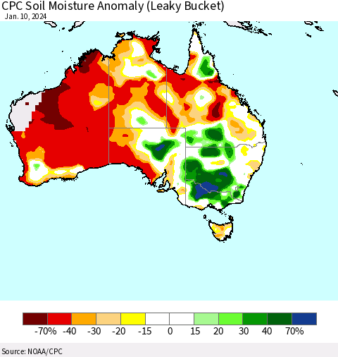 Australia CPC Soil Moisture Anomaly (Leaky Bucket) Thematic Map For 1/6/2024 - 1/10/2024
