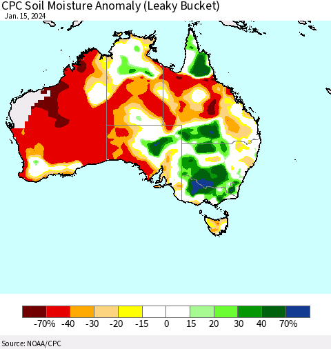 Australia CPC Soil Moisture Anomaly (Leaky Bucket) Thematic Map For 1/11/2024 - 1/15/2024
