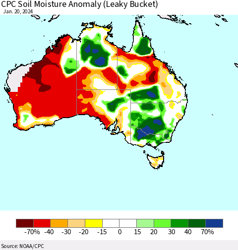 Australia CPC Soil Moisture Anomaly (Leaky Bucket) Thematic Map For 1/16/2024 - 1/20/2024