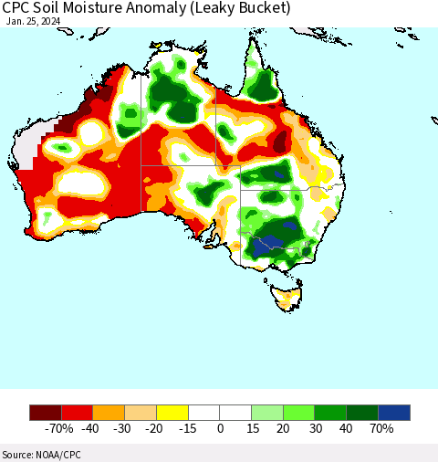 Australia CPC Soil Moisture Anomaly (Leaky Bucket) Thematic Map For 1/21/2024 - 1/25/2024