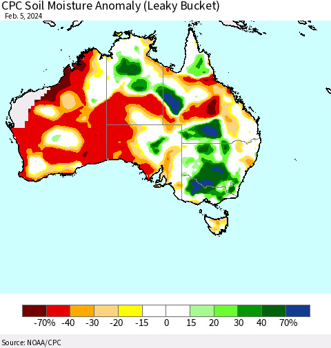 Australia CPC Soil Moisture Anomaly (Leaky Bucket) Thematic Map For 2/1/2024 - 2/5/2024