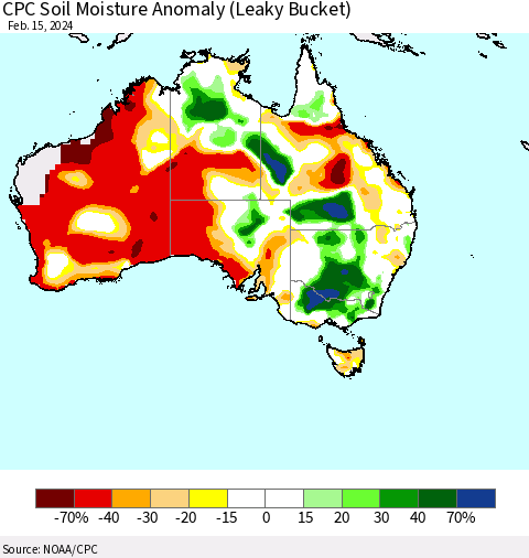 Australia CPC Soil Moisture Anomaly (Leaky Bucket) Thematic Map For 2/11/2024 - 2/15/2024