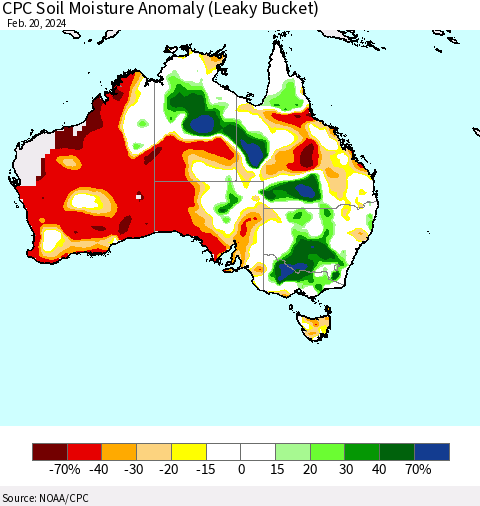 Australia CPC Soil Moisture Anomaly (Leaky Bucket) Thematic Map For 2/16/2024 - 2/20/2024