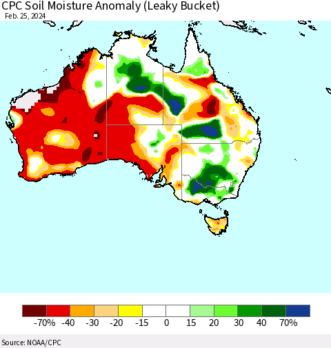 Australia CPC Soil Moisture Anomaly (Leaky Bucket) Thematic Map For 2/21/2024 - 2/25/2024