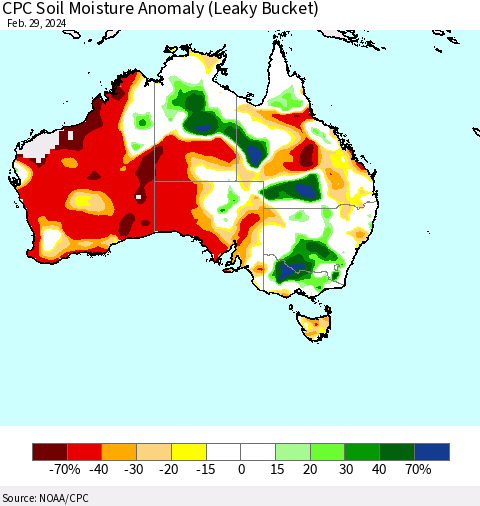 Australia CPC Soil Moisture Anomaly (Leaky Bucket) Thematic Map For 2/26/2024 - 2/29/2024
