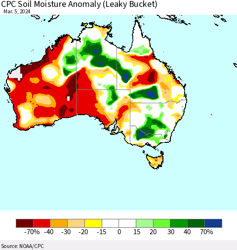 Australia CPC Soil Moisture Anomaly (Leaky Bucket) Thematic Map For 3/1/2024 - 3/5/2024