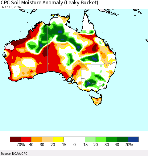 Australia CPC Soil Moisture Anomaly (Leaky Bucket) Thematic Map For 3/6/2024 - 3/10/2024