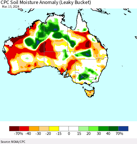 Australia CPC Soil Moisture Anomaly (Leaky Bucket) Thematic Map For 3/11/2024 - 3/15/2024