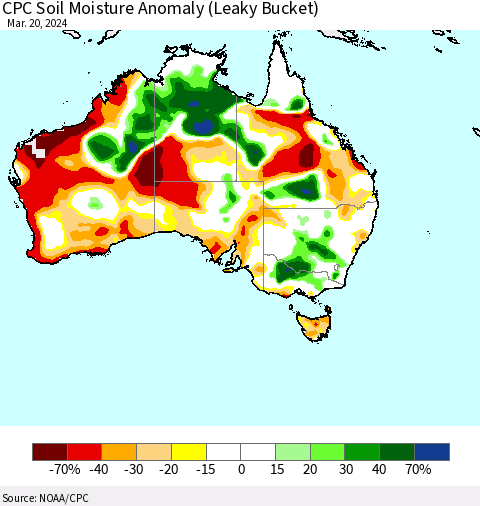 Australia CPC Soil Moisture Anomaly (Leaky Bucket) Thematic Map For 3/16/2024 - 3/20/2024