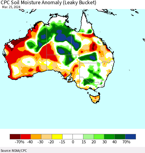Australia CPC Soil Moisture Anomaly (Leaky Bucket) Thematic Map For 3/21/2024 - 3/25/2024