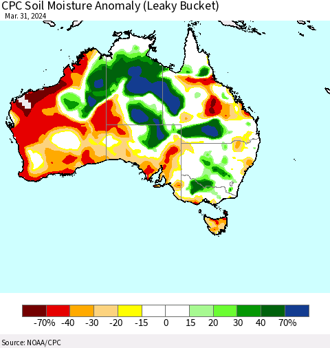 Australia CPC Soil Moisture Anomaly (Leaky Bucket) Thematic Map For 3/26/2024 - 3/31/2024