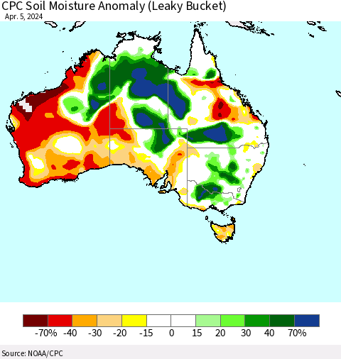 Australia CPC Soil Moisture Anomaly (Leaky Bucket) Thematic Map For 4/1/2024 - 4/5/2024
