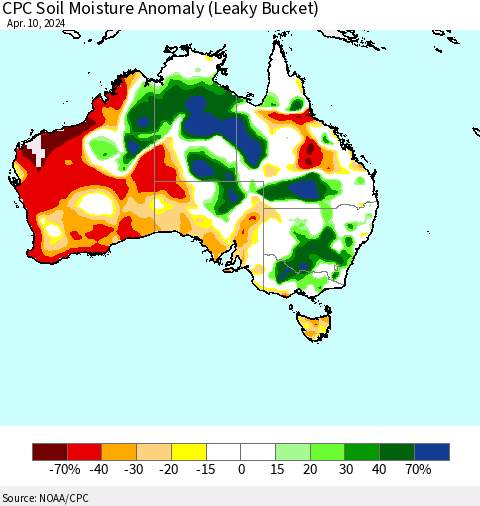 Australia CPC Soil Moisture Anomaly (Leaky Bucket) Thematic Map For 4/6/2024 - 4/10/2024