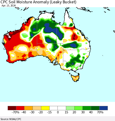 Australia CPC Soil Moisture Anomaly (Leaky Bucket) Thematic Map For 4/11/2024 - 4/15/2024