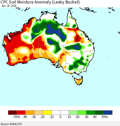 Australia CPC Soil Moisture Anomaly (Leaky Bucket) Thematic Map For 4/16/2024 - 4/20/2024