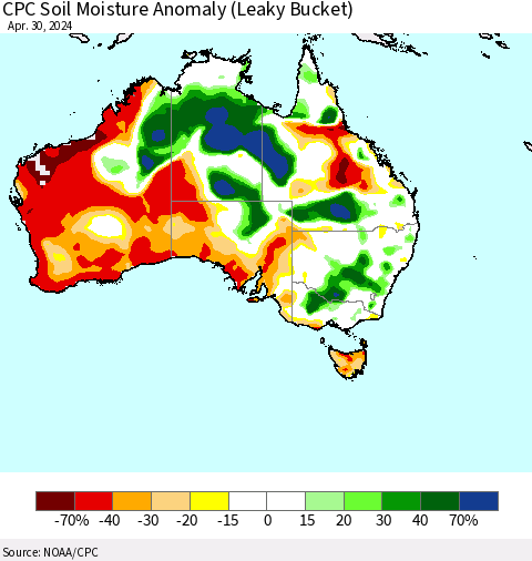 Australia CPC Soil Moisture Anomaly (Leaky Bucket) Thematic Map For 4/26/2024 - 4/30/2024