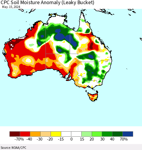 Australia CPC Soil Moisture Anomaly (Leaky Bucket) Thematic Map For 5/11/2024 - 5/15/2024