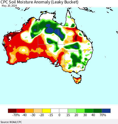 Australia CPC Soil Moisture Anomaly (Leaky Bucket) Thematic Map For 5/16/2024 - 5/20/2024
