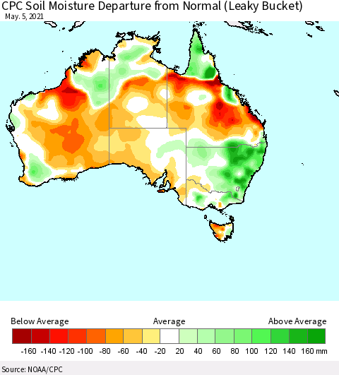 Australia CPC Soil Moisture Departure from Normal (Leaky Bucket) Thematic Map For 5/1/2021 - 5/5/2021