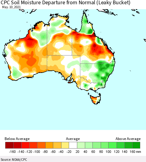 Australia CPC Soil Moisture Departure from Normal (Leaky Bucket) Thematic Map For 5/6/2021 - 5/10/2021