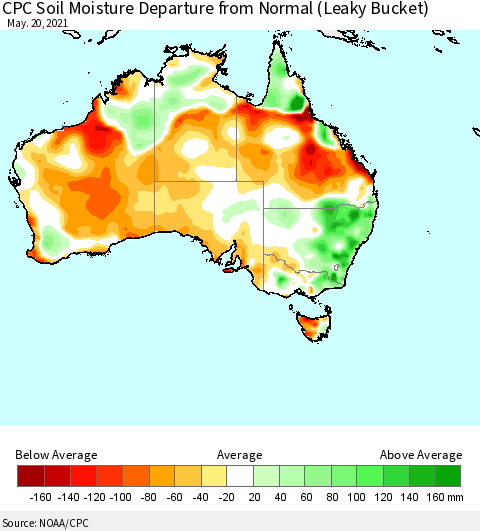 Australia CPC Soil Moisture Departure from Normal (Leaky Bucket) Thematic Map For 5/16/2021 - 5/20/2021