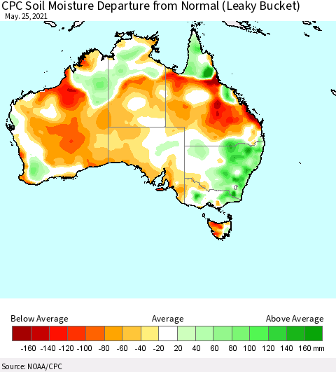 Australia CPC Soil Moisture Departure from Normal (Leaky Bucket) Thematic Map For 5/21/2021 - 5/25/2021
