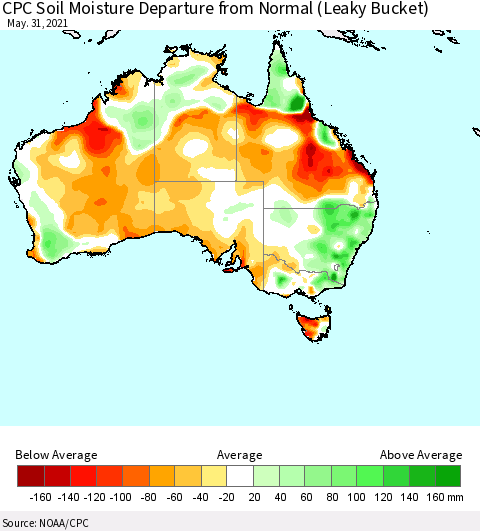 Australia CPC Soil Moisture Departure from Normal (Leaky Bucket) Thematic Map For 5/26/2021 - 5/31/2021