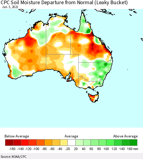 Australia CPC Soil Moisture Departure from Normal (Leaky Bucket) Thematic Map For 6/1/2021 - 6/5/2021