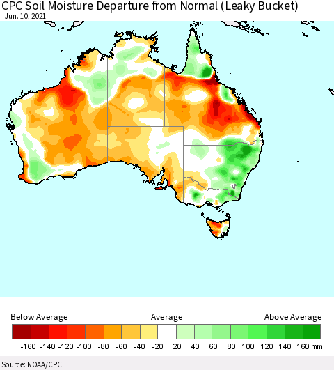 Australia CPC Soil Moisture Departure from Normal (Leaky Bucket) Thematic Map For 6/6/2021 - 6/10/2021
