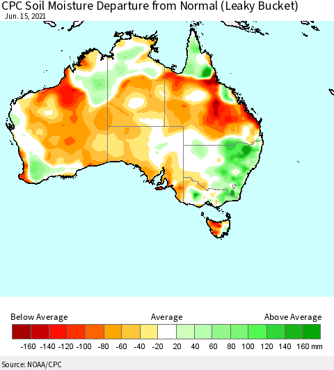 Australia CPC Soil Moisture Departure from Normal (Leaky Bucket) Thematic Map For 6/11/2021 - 6/15/2021