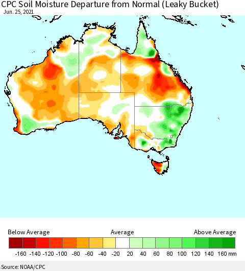 Australia CPC Soil Moisture Departure from Normal (Leaky Bucket) Thematic Map For 6/21/2021 - 6/25/2021