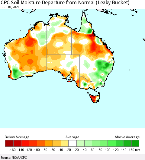 Australia CPC Soil Moisture Departure from Normal (Leaky Bucket) Thematic Map For 7/6/2021 - 7/10/2021
