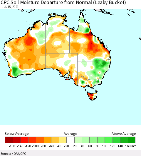 Australia CPC Soil Moisture Departure from Normal (Leaky Bucket) Thematic Map For 7/11/2021 - 7/15/2021