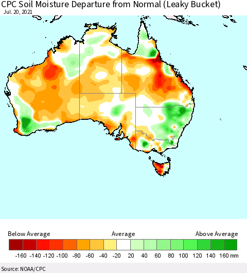 Australia CPC Soil Moisture Departure from Normal (Leaky Bucket) Thematic Map For 7/16/2021 - 7/20/2021